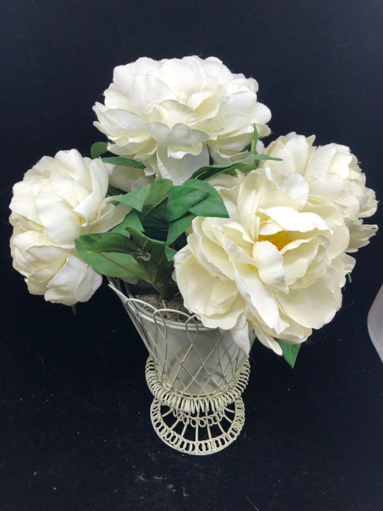 CREAM METAL FOOTED PLANTER W FAUX WHITE FLORAL.