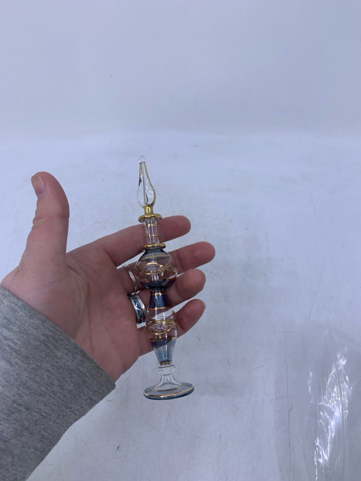 VERY DELICATE PERFUME BOTTLE BLUE W/ GOLD DETAILS.