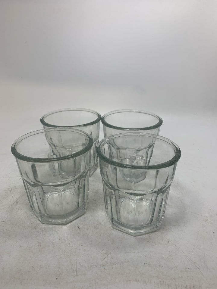 4 SHORT GLASS JUICE GLASSES.