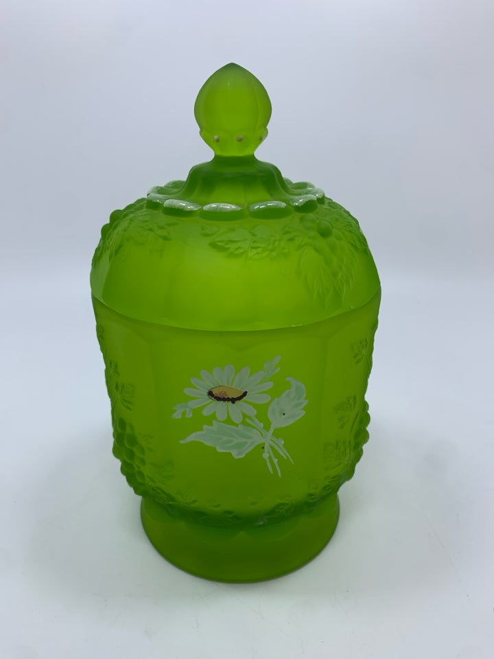 VTG GREEN MIST DAISY PAINTED LIDDED CANDY DISH.