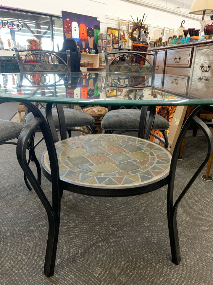 LIGHT WEIGHT GLASS CIRCLE TABLE W/ TILE 4 CHAIRS GREY CUSHIONS.