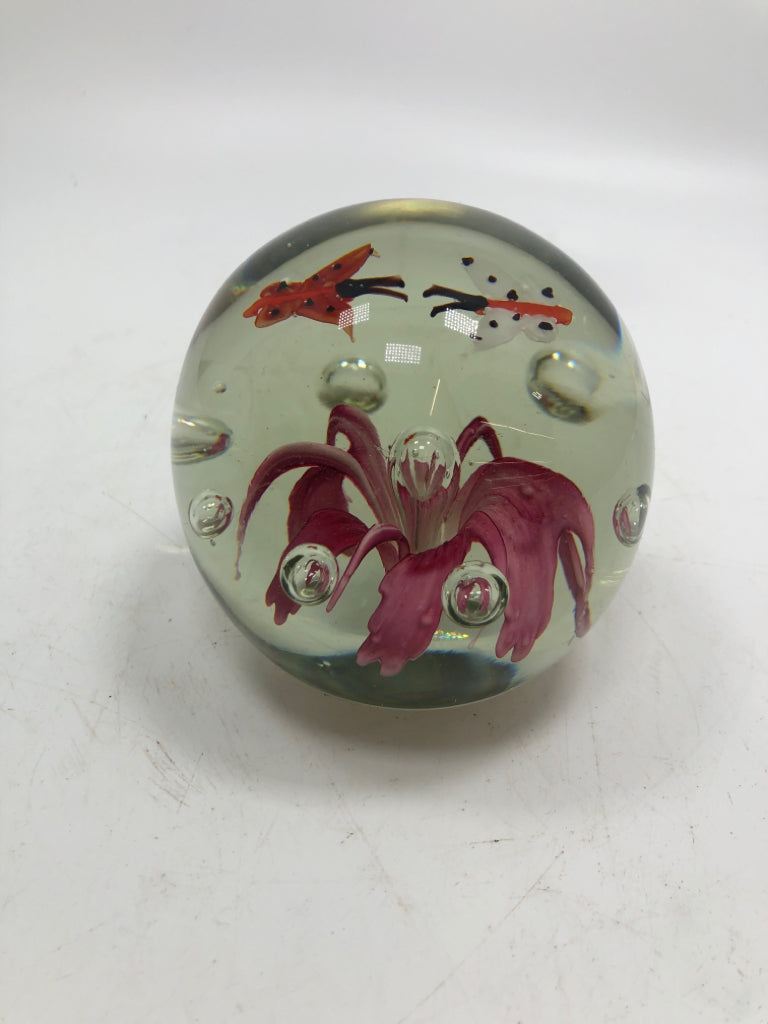 BUTTERFLIES OVER FLOWER GLASS PAPERWEIGHT.