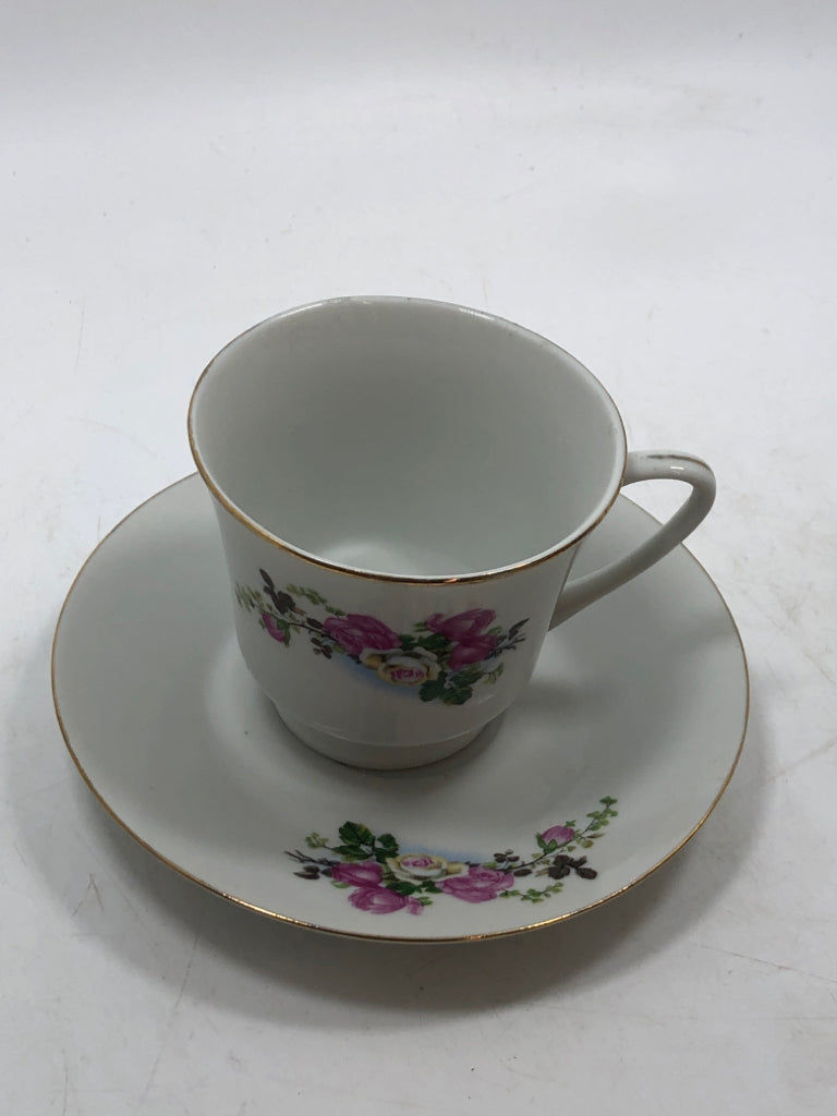 PINK FLORAL TEACUP/SAUCER.