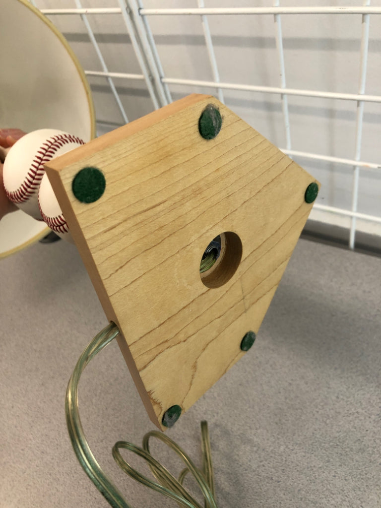 STACKED BASEBALL LAMP W/PAINTED SHADE.