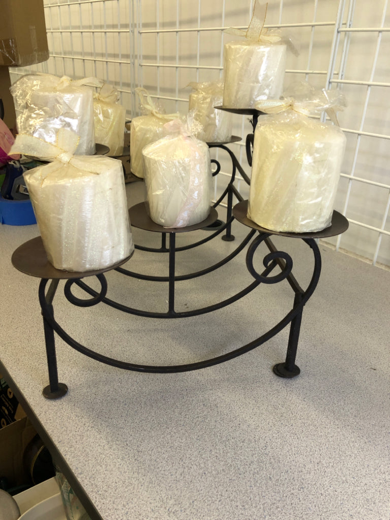 HEAVY METAL 8 SLOT PILLAR CANDLE FIREPLACE INSERT W/ CANDLES.