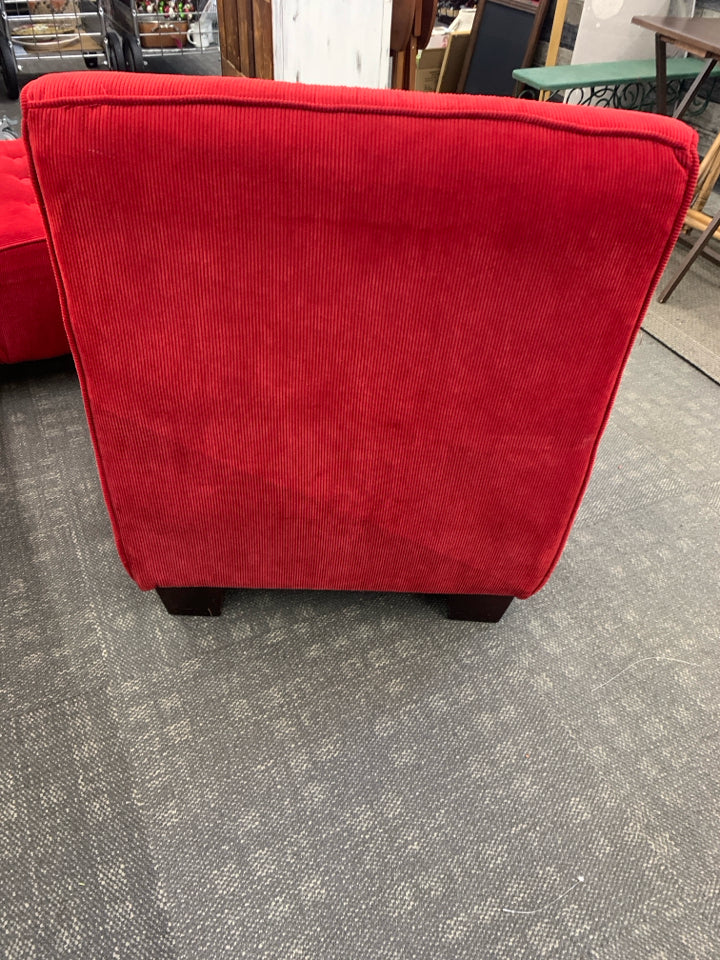 2 RED CORDUROY ARMLESS ACCENT CHAIRS.