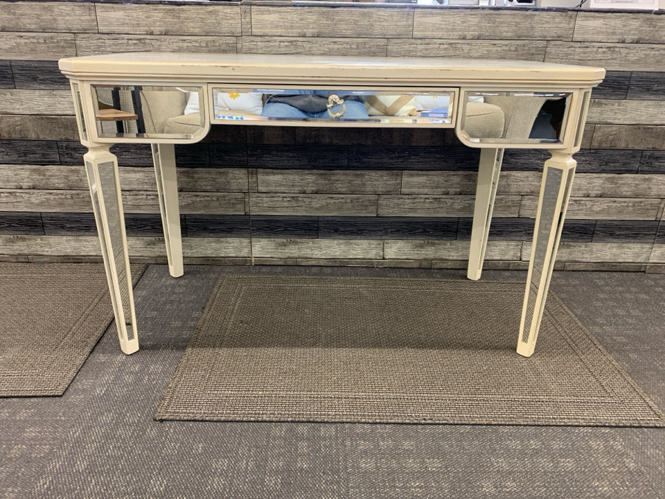 CREAM DISTRESSED PIER 1 DESK W/MIRRORED LEGS & DRAWER.