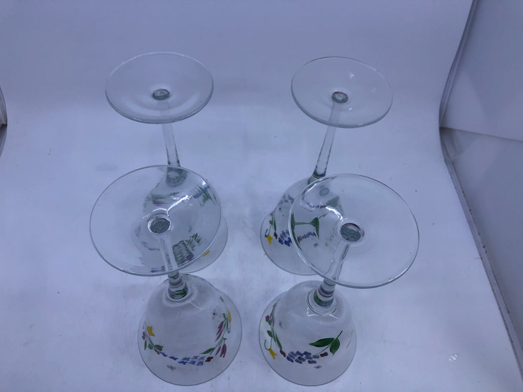 4 TALL FLORAL PAINTED WINE GLASSES.