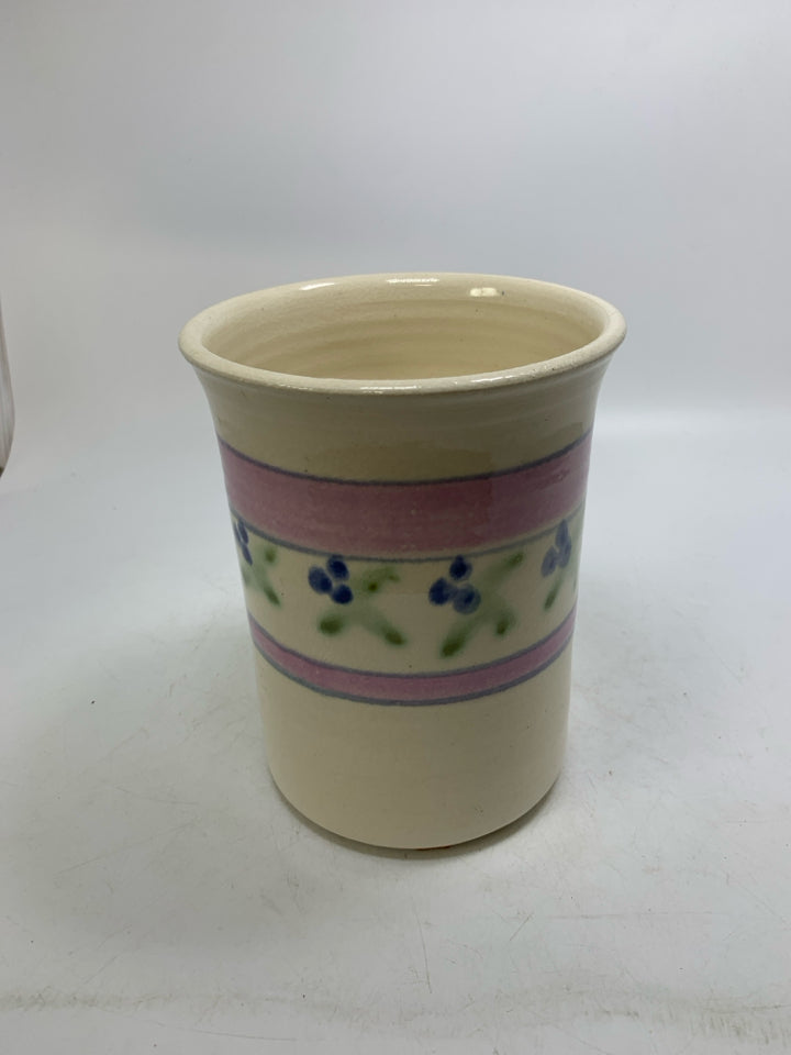 POTTERY CRACKLE CROCK W/ PINK BAND/ BLUE FLOWERS.