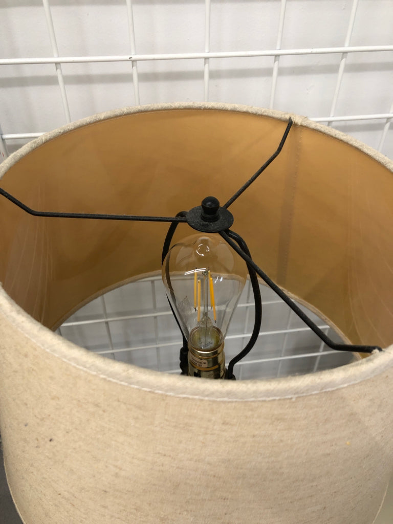 BLACK LAMP W/CANVAS SHADE.
