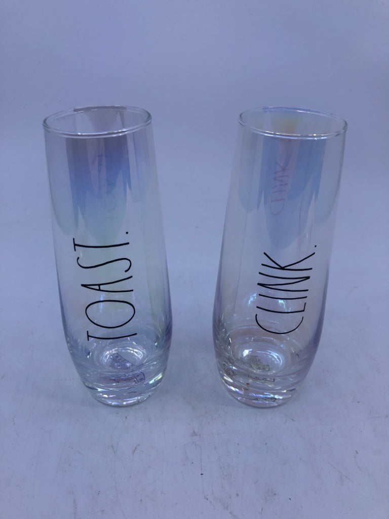 2 IRIDESCENT TOAST/CLINK RAE DUNN CHAMPAGNE STEMLESS FLUTES.