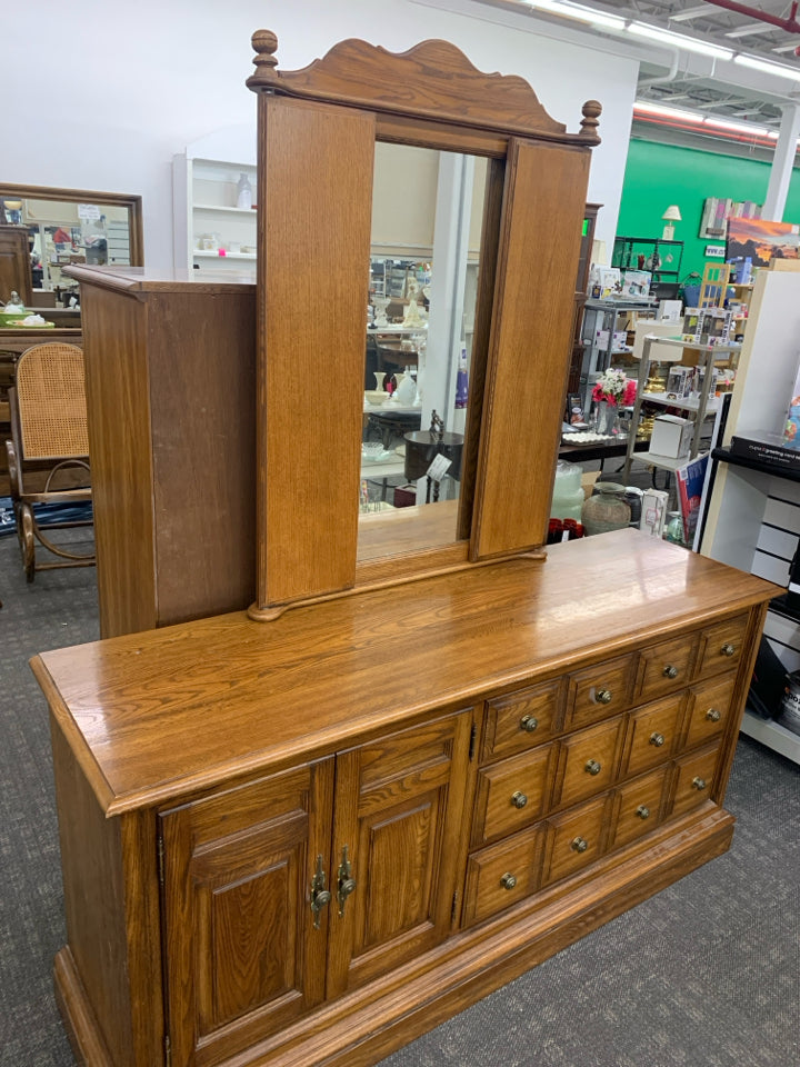 LARGE LONG DRESSER W 3 DRAWERS AND CABINET AND MIRROR.