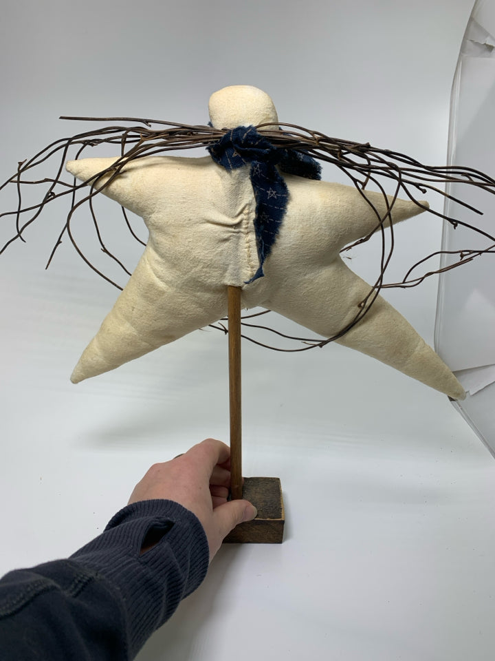 PRIMITIVE STAR SNOWMAN W/ STICK WREATH ON STAND.