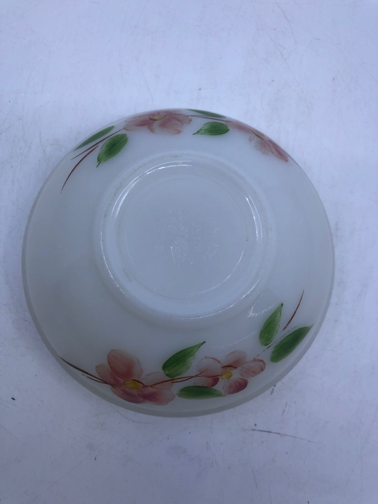 VTG WHITE FROSTED BOWL WITH PINK FLOWERS FIRE KING.