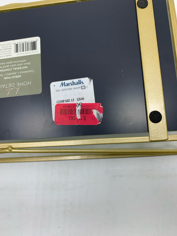 GOLD METAL CAGE RECTANGLE MIRROR TRAY.