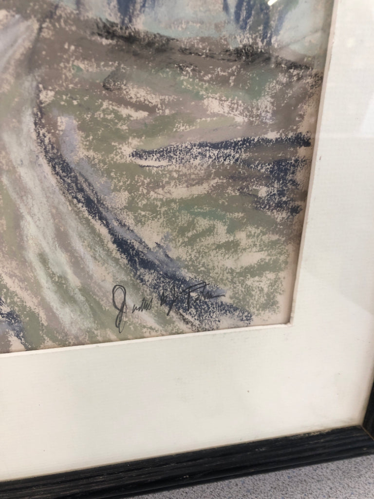 PASTEL PAINTED LANDSCAPE- SIGNED IN BLACK WOOD FRAME.