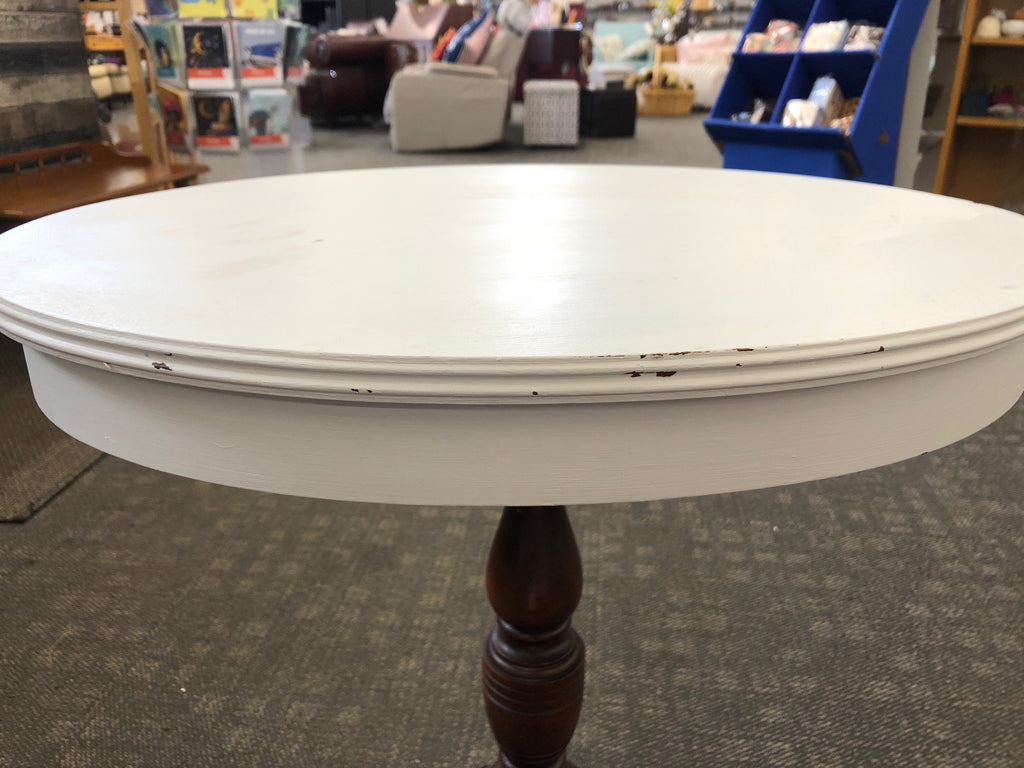 WOODEN TABLE W/BLUE PAINTED TOP & CLAW FEET.