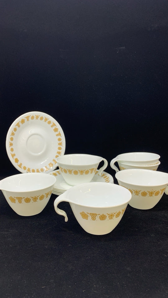 12 PC SVC 6 CORELLE BUTTERFLY GOLD HOOK HANDLE TEACUPS /SAUCERS.