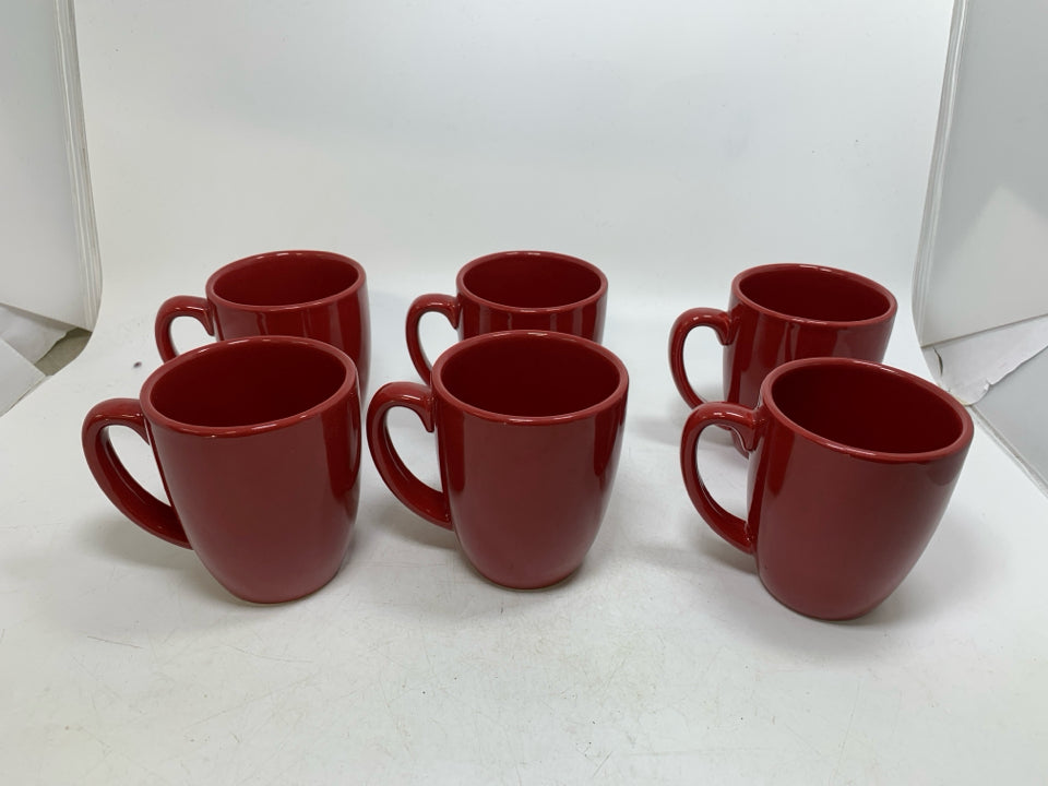 6 DARK RED COFFEE MUGS.