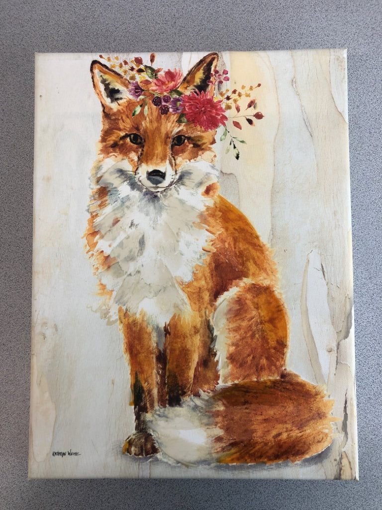 FOX W/FLOWERS PAINTED CANVAS.