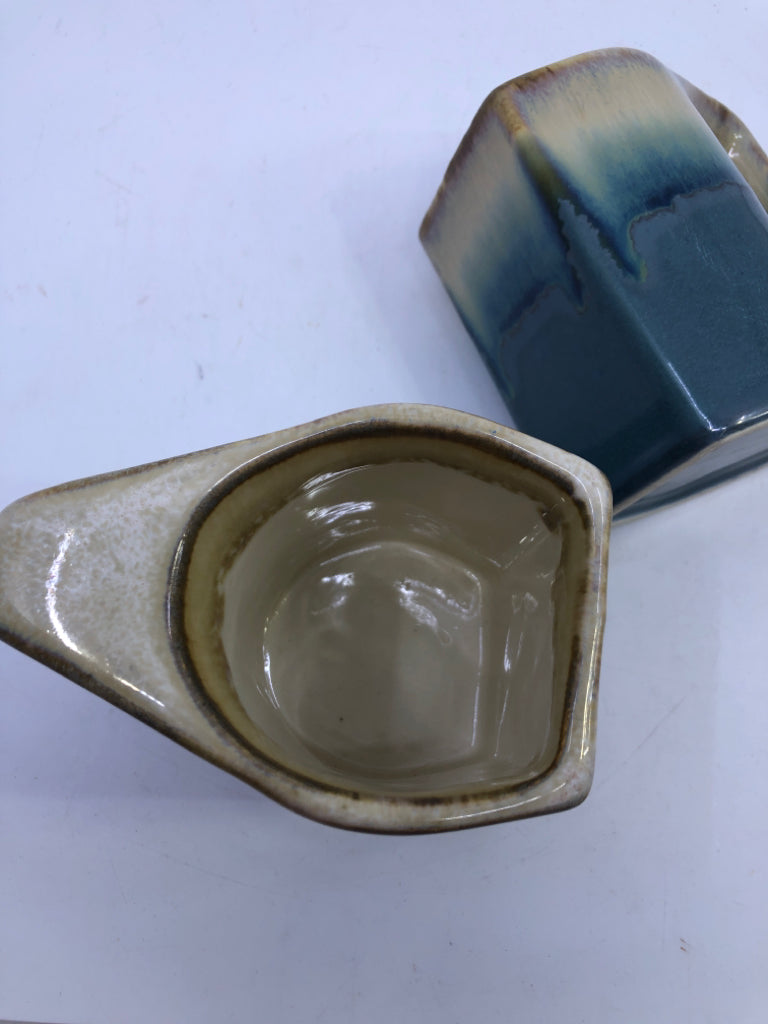 2 DRIP GLAZE POTTERY BLUE MUGS.