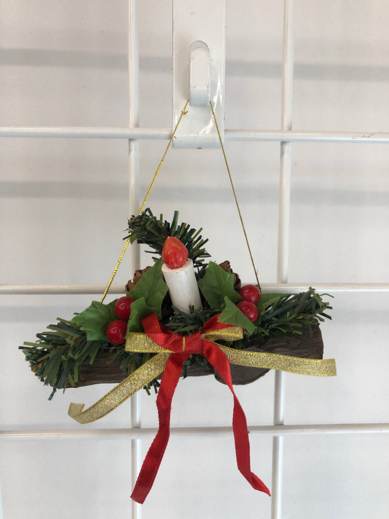 LOG ORNAMENT W/HOLLY AND CANDLE.