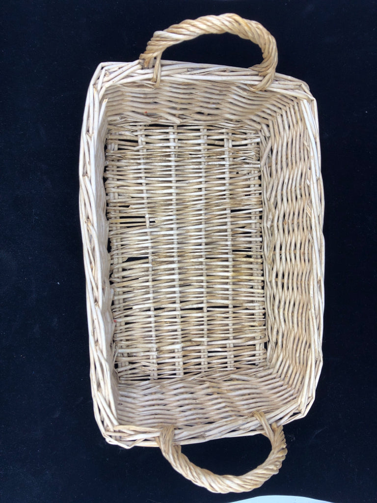 BLONDE RECTANGLE WICKER BASKET W HANDLES.