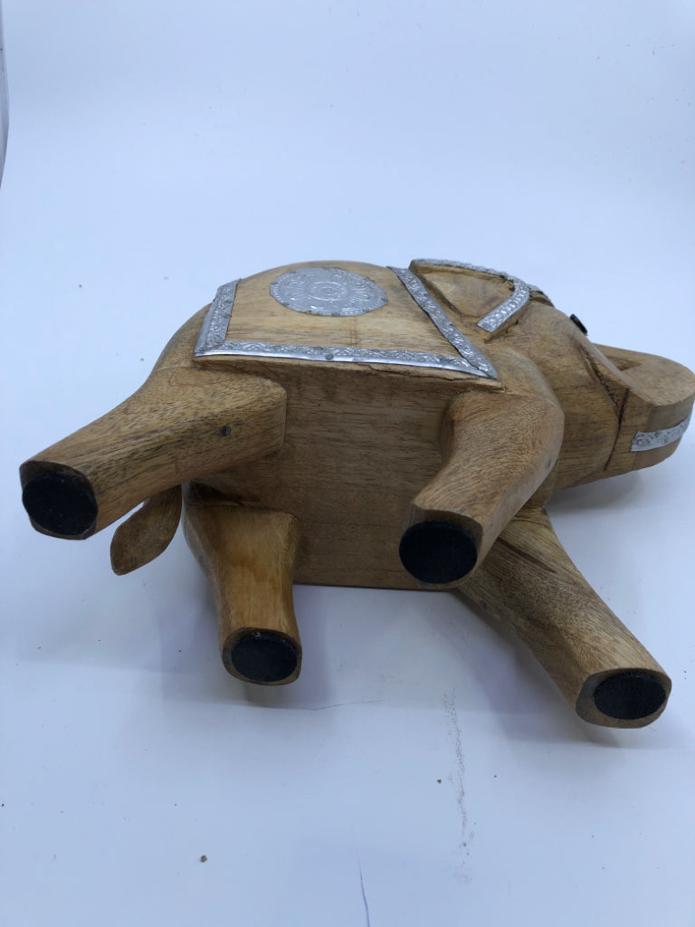 WOOD CARVED DECORATIVE ELEPHANT W METAL ACCENTS.