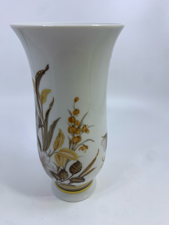 VTG PORCELAIN WHITE & BROWN FLORAL VASE KAISER.