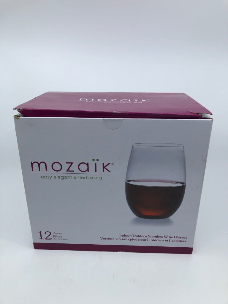 NIB MOZAIK 12 PC STEMLESS WINE GLASS SET.