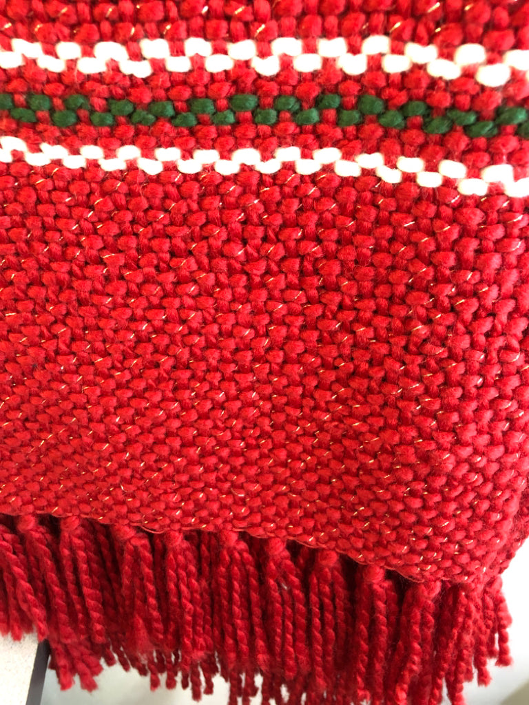 NEW RED CROCHET THROW GREEN, WHITE STRIPE.