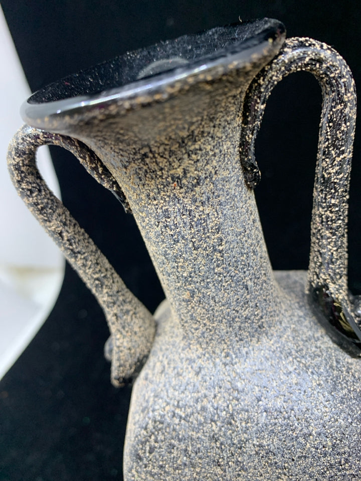 TALL SQUARE BLACK GRAY GLASS VASE WITH 2 HANDLES.