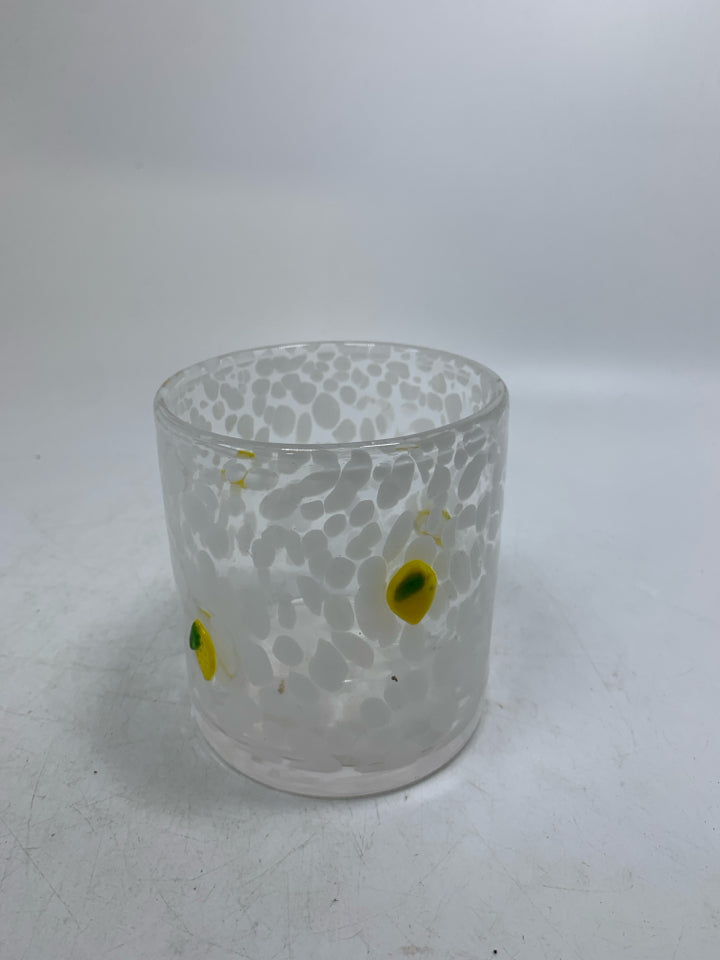 BLOWN GLASS WHITE SPECKLED VASE W/ EMBOSSED LEMONS.