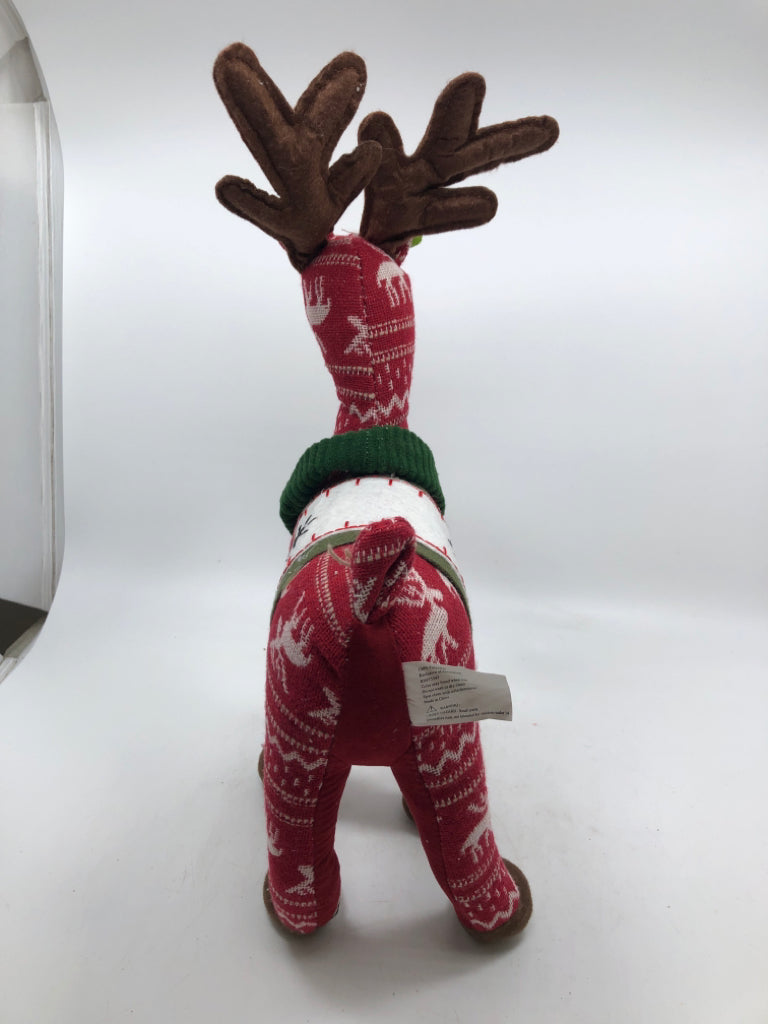 STANDING RED PLUSH REINDEER W/ GREEN COLLARS.