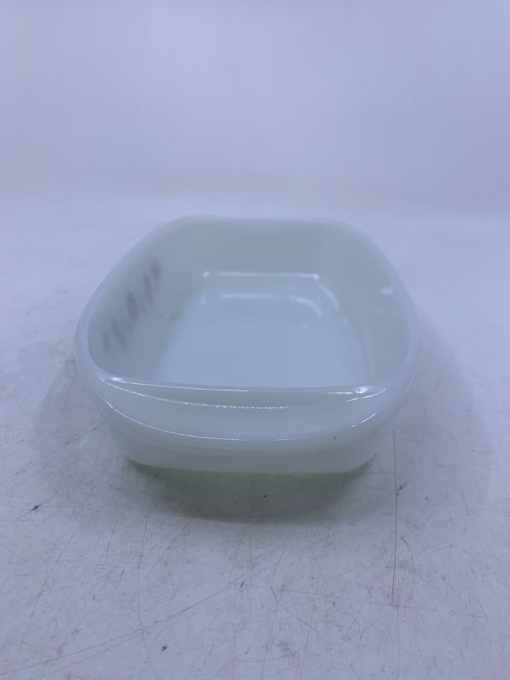 VTG WHITE GLASS LOAF PAN W/ BROWN FLOWERS.