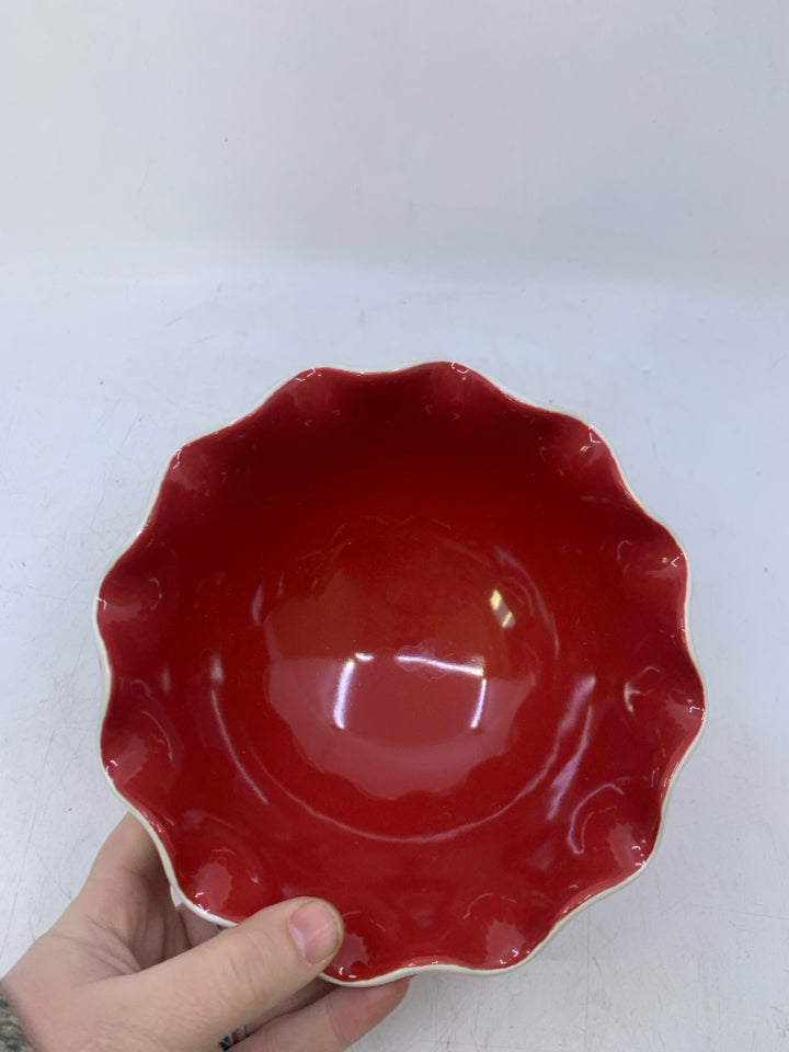 RED FOOTED RUFFLED EDGE DISH.