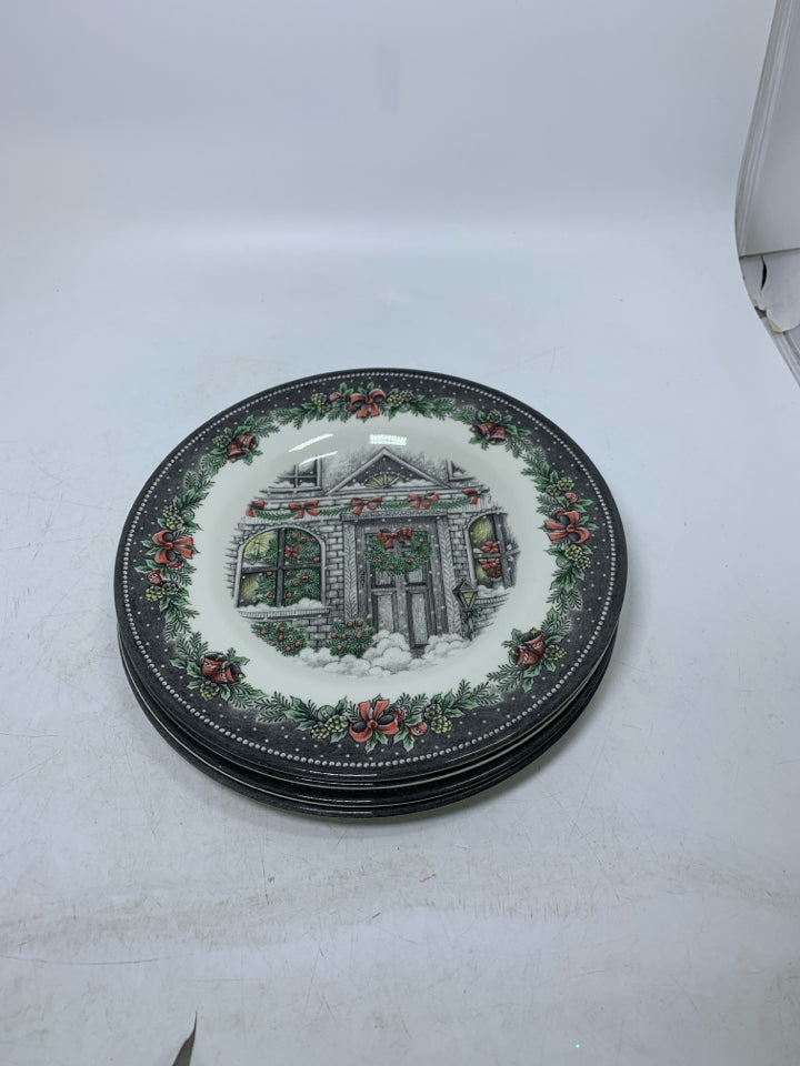 4 ROYAL STAFFORD LUNCH PLATES W/ DECORATED FRONT OF A HOUSE.