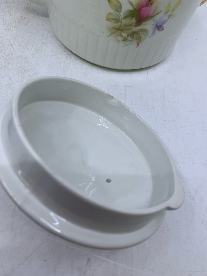 VTG ELLGREAVE TEA POT W/ PINK ROSES GOLD DETAILS.