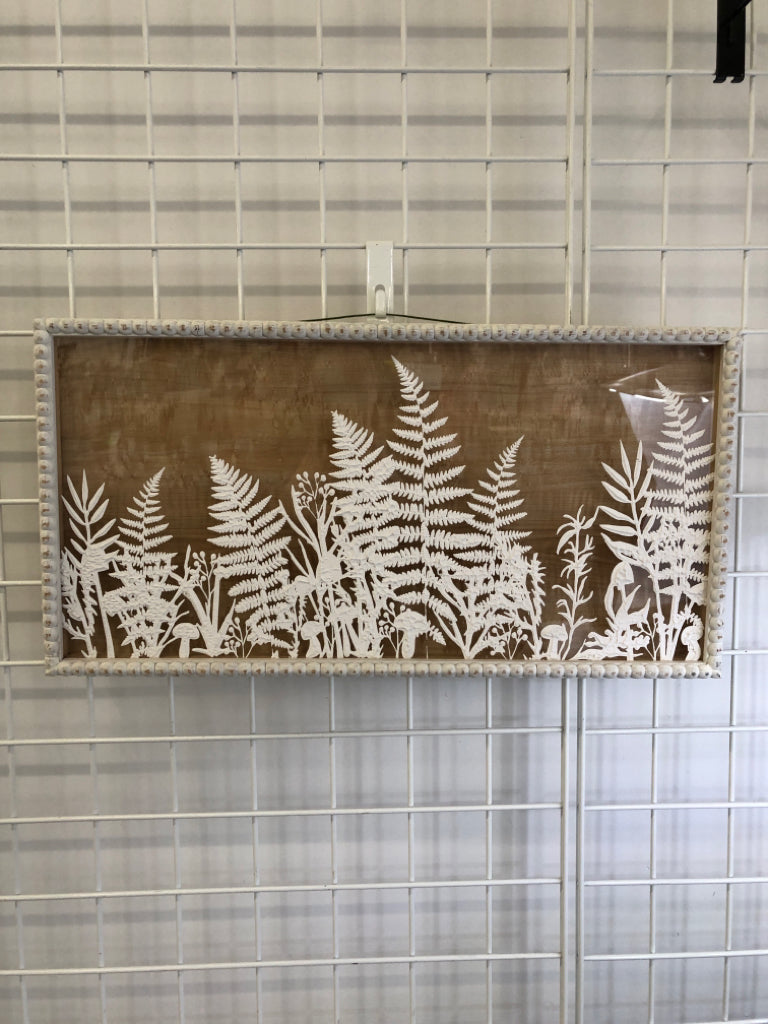 WHITE FERN PAINTED ON WOOD SHADOWBOX, WHITE WASH FRAME.