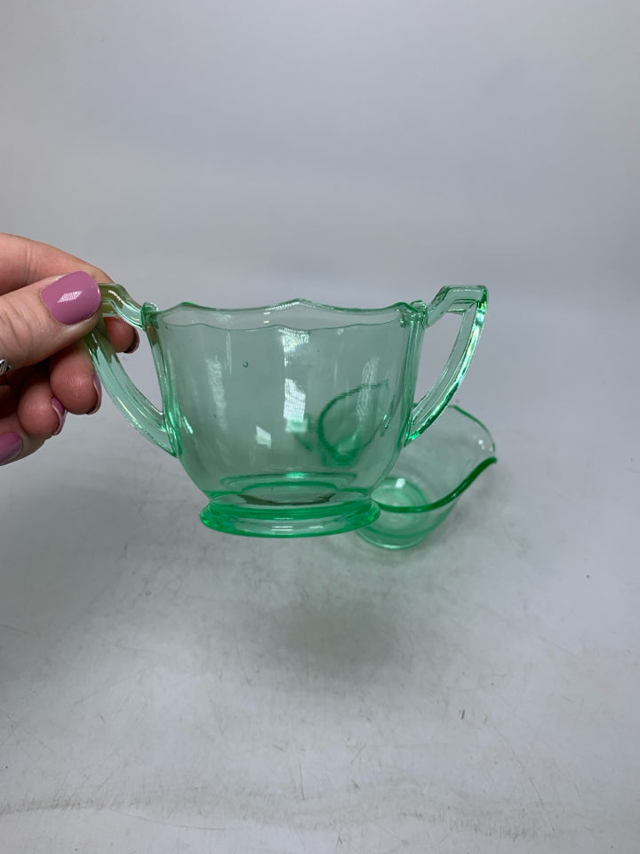 VTG GREEN DEPRESSION GLASS FOOTED SUGAR/CREAMER.