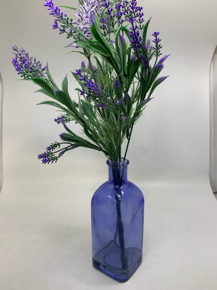 BLUE TINT GLASS VASE W/ FAUX LAVENDER.