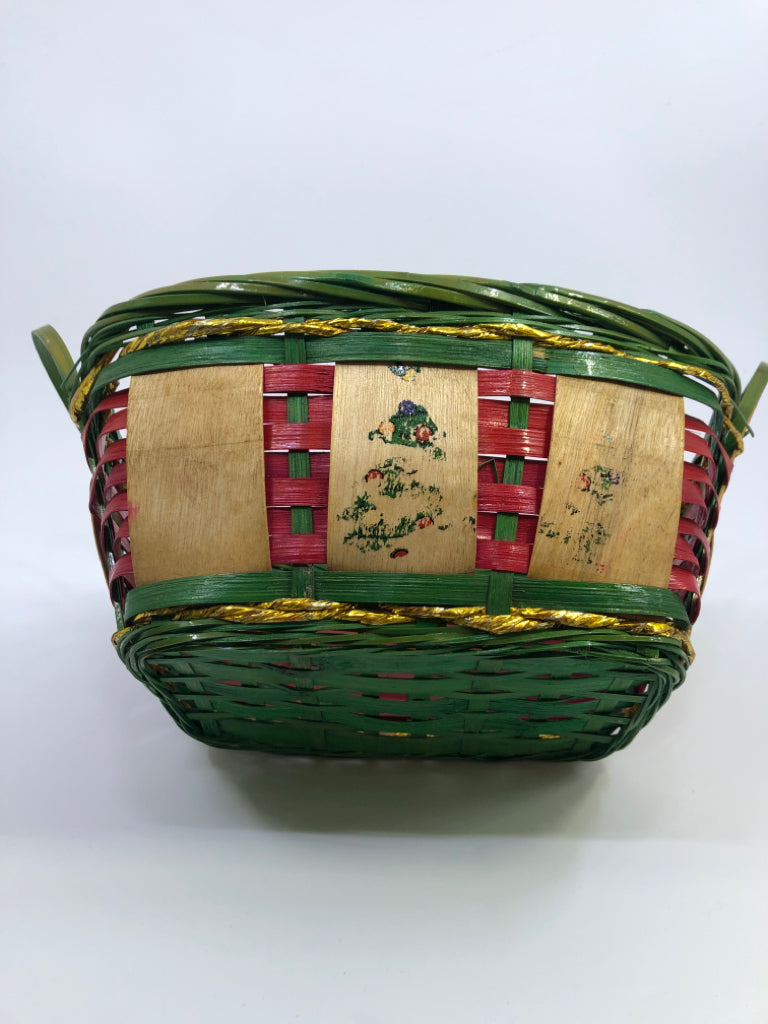 RED & GREEN WICKER BASKET W/CHRISTMAS TREES.