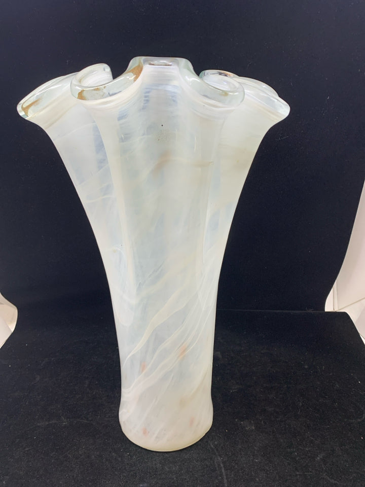 TALL WHITE GOLD SPECKLE GLASS VASE.