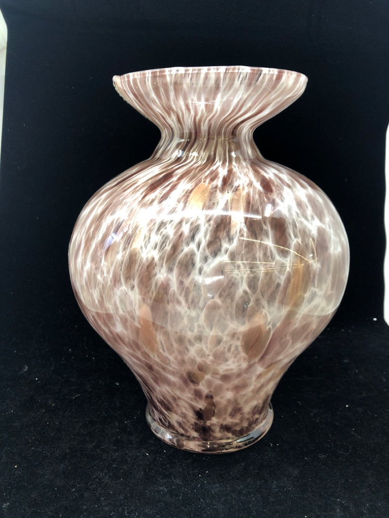 BLOWN GLASS BROWN/WHITE VASE W/FLARED NECK.