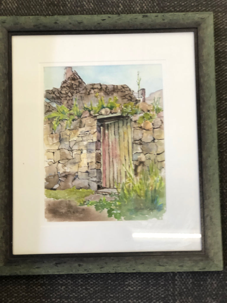 WATERCOLOR DOOR IN STONE WALL FRAMED ART- SIGNED.