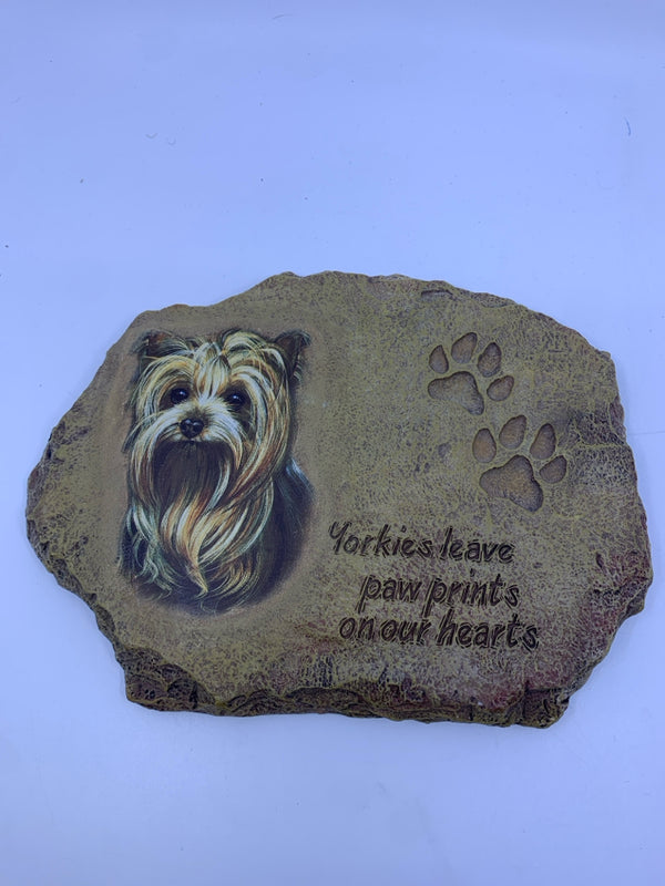 "YORKIES LEAVE PAW PRINTS" FAUX STONE WALL HANGING.