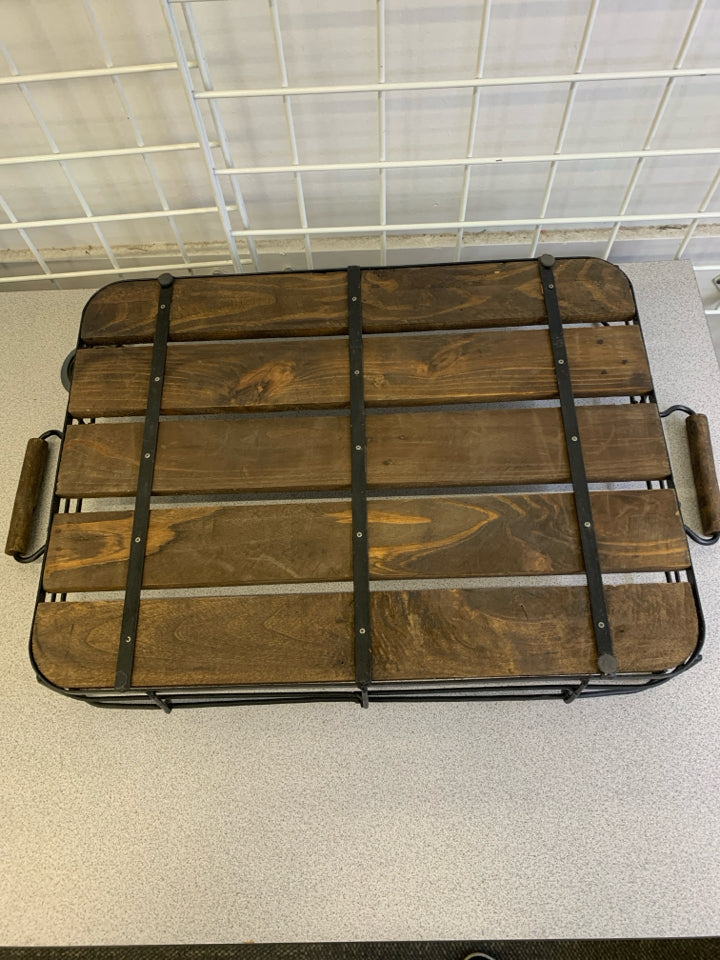 DARK WOODEN TRAY W/METAL SIDES & HANDLES.