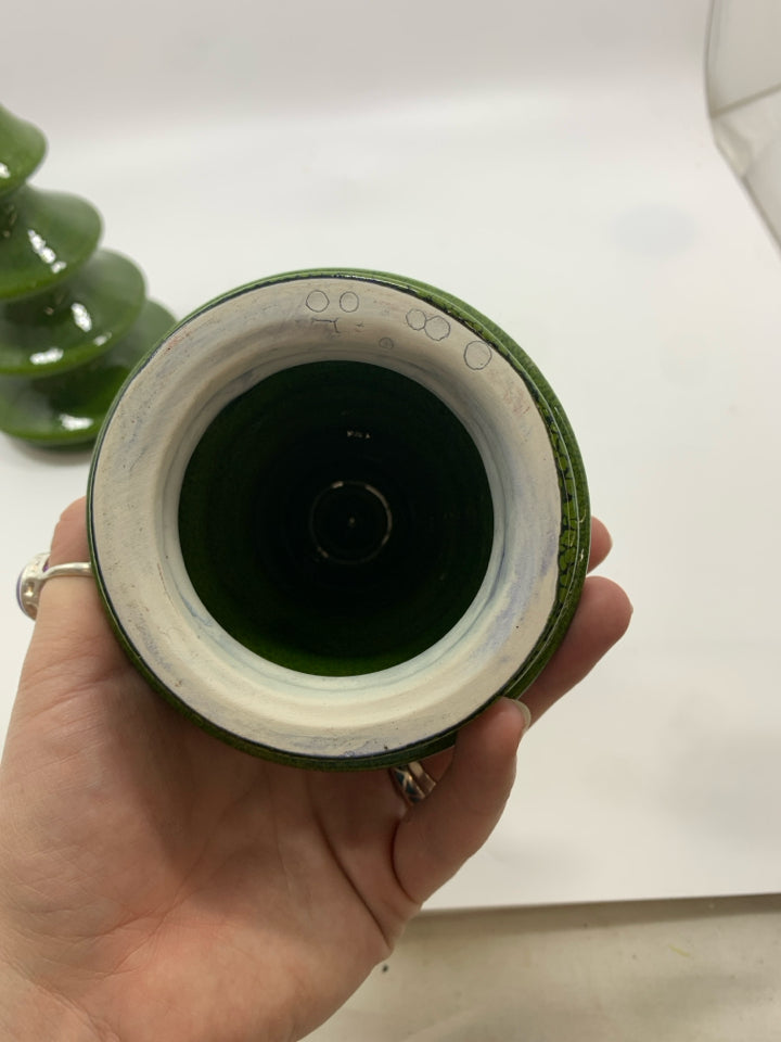2 GLAZED CHRISTMAS TREE CANDLE HOLDERS.