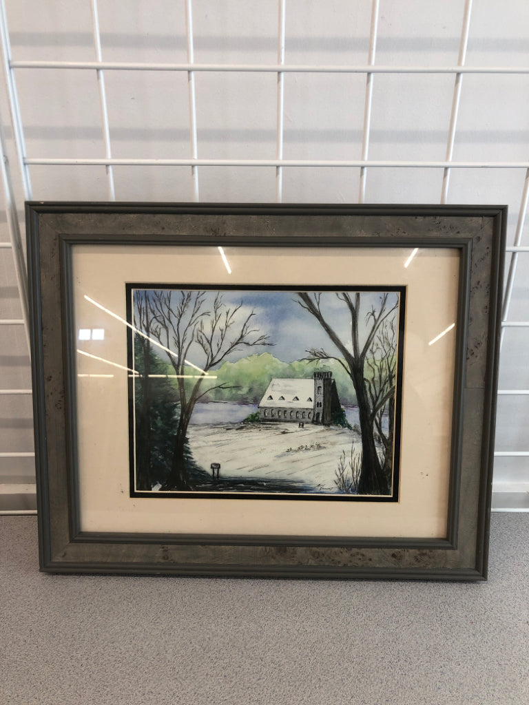 WATERCOLOR OLD STONE CHURCH- WEST BOYLSTON FRAMED PRINT.