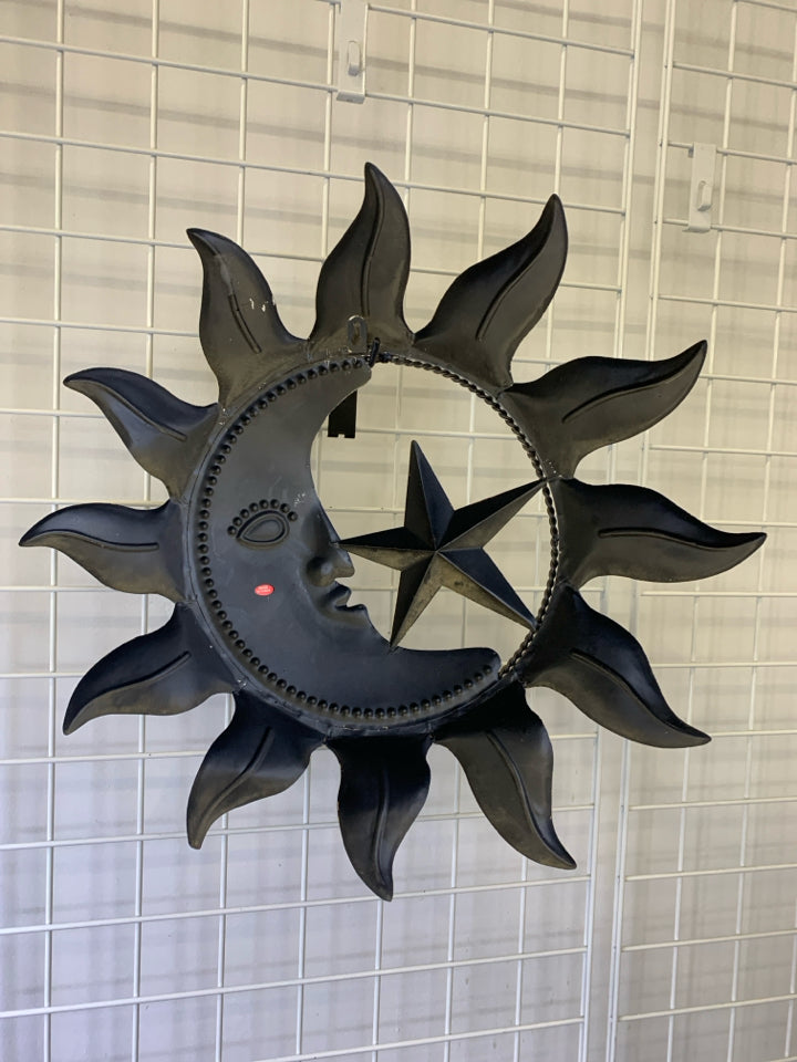 DISTRESSED BROWN METAL SUN, MOON AND STAR.